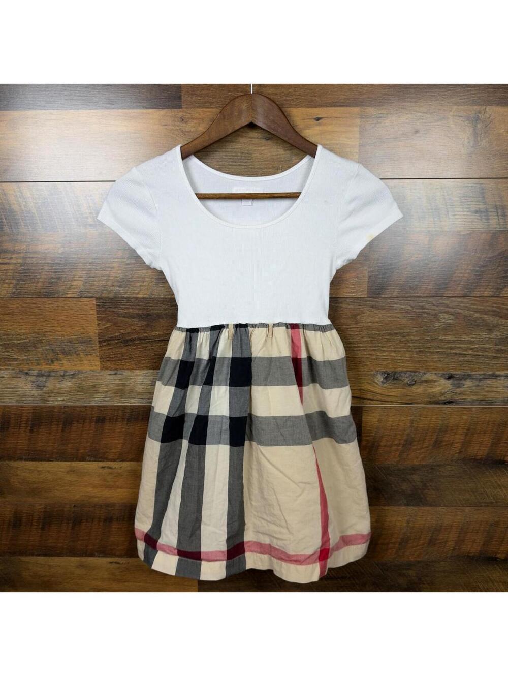 Burberry Kids Nova Check Pleated Dress Size 10Y 140cm White Short Sleeve